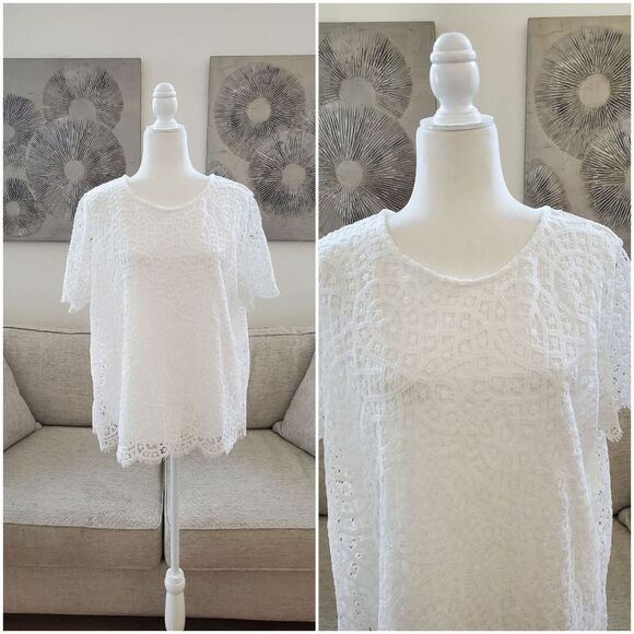 Philosophy White All Lace Scallop Trim Blouse sz Lg - Picture 1 of 11